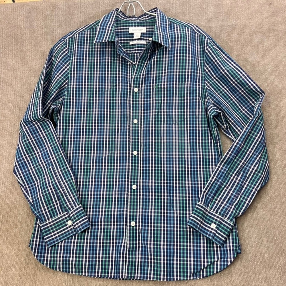 Calvin‎ Klein Mens Large Green Blue Plaid Slim Fit Extra Fine Cotton Shirt
